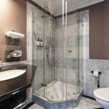 Modernes Hotelbad mit großer Dusche mit Waschbeckenund stilvollem Design in Grau und Weiß